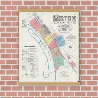 Old map wall art mockup — magnetic wood frame on brick wall — Sanborn Fire Insurance Map from Milton, Northumberland County, Pennsylvania (1890) - Complete Map Set