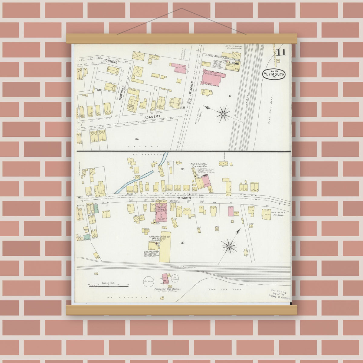 Old map wall art mockup — magnetic wood frame on brick wall — Sanborn Fire Insurance Map from Plymouth, Luzerne County, Pennsylvania (1896), Sheet #0011
