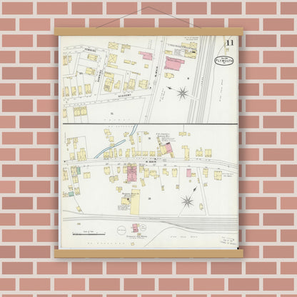 Old map wall art mockup — magnetic wood frame on brick wall — Sanborn Fire Insurance Map from Plymouth, Luzerne County, Pennsylvania (1896), Sheet #0011