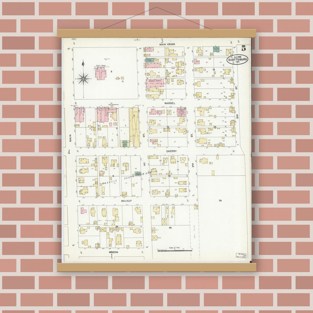 Old map wall art mockup — magnetic wood frame on brick wall — Sanborn Fire Insurance Map from Scottsburg, Scott County, Indiana (1906), Sheet #0005