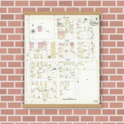 Old map wall art mockup — magnetic wood frame on brick wall — Sanborn Fire Insurance Map from Scottsburg, Scott County, Indiana (1906), Sheet #0005