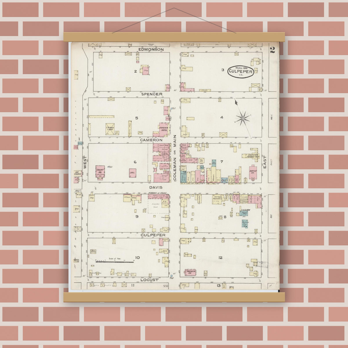 Old map wall art mockup — magnetic wood frame on brick wall — Sanborn Fire Insurance Map from Culpeper, Culpeper County, Virginia (1886), Sheet #0002