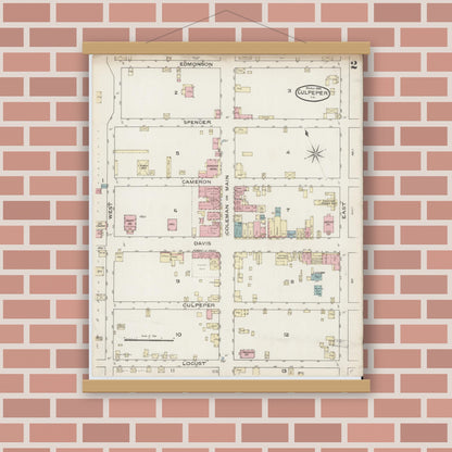 Old map wall art mockup — magnetic wood frame on brick wall — Sanborn Fire Insurance Map from Culpeper, Culpeper County, Virginia (1886), Sheet #0002