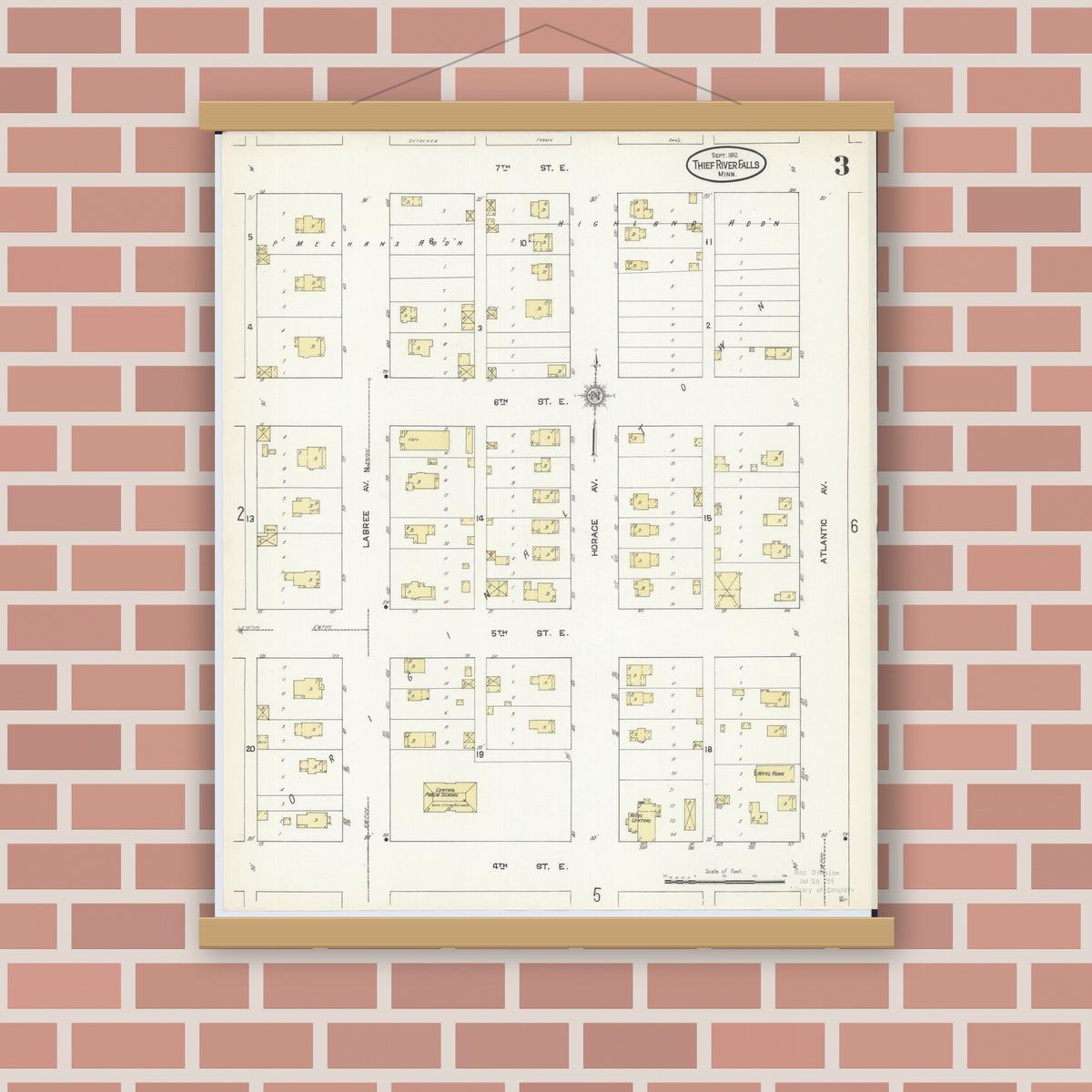 Old map wall art mockup — magnetic wood frame on brick wall — Sanborn Fire Insurance Map from Thief River Falls, Pennington County, Minnesota (1912), Sheet #0003