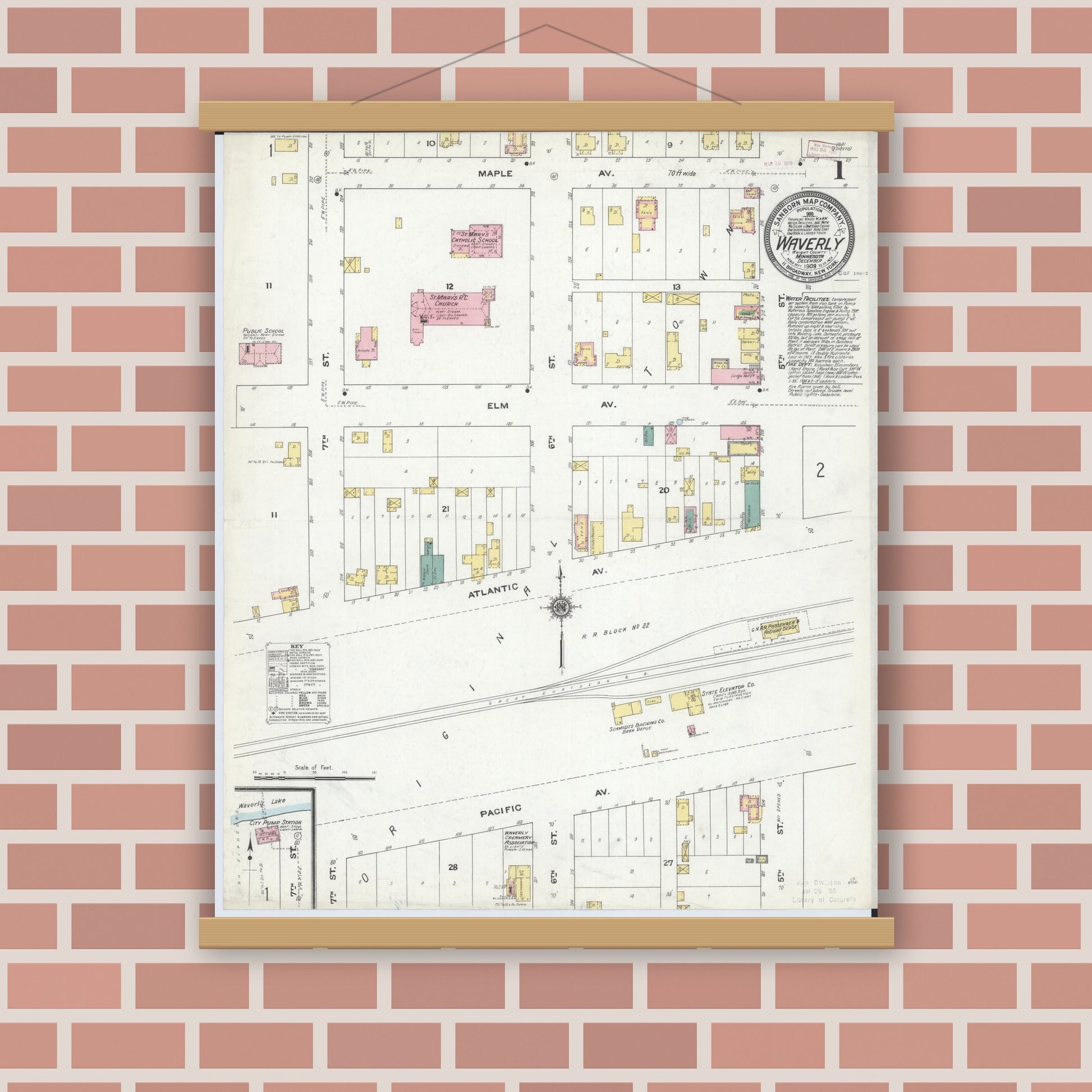 Old map wall art mockup — magnetic wood frame on brick wall — Sanborn Fire Insurance Map from Waverly, Wright County, Minnesota (1909) - Complete Map Set