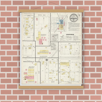 Old map wall art mockup — magnetic wood frame on brick wall — Sanborn Fire Insurance Map from Continental, Putnam County, Ohio (1915) - Complete Map Set