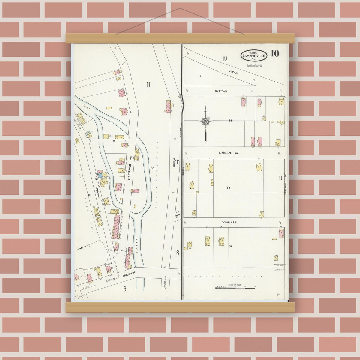 Old map wall art mockup — magnetic wood frame on brick wall — Sanborn Fire Insurance Map from Lambertville, Hunterdon County, New Jersey (1912), Sheet #0010