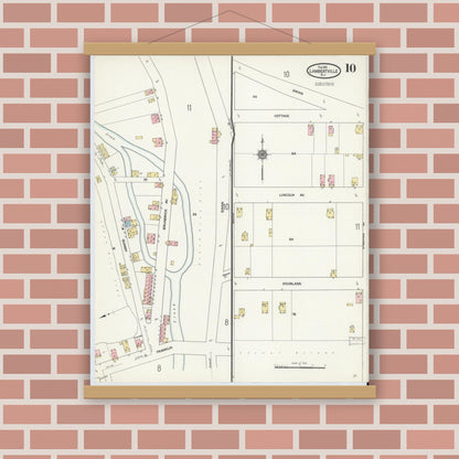 Old map wall art mockup — magnetic wood frame on brick wall — Sanborn Fire Insurance Map from Lambertville, Hunterdon County, New Jersey (1912), Sheet #0010