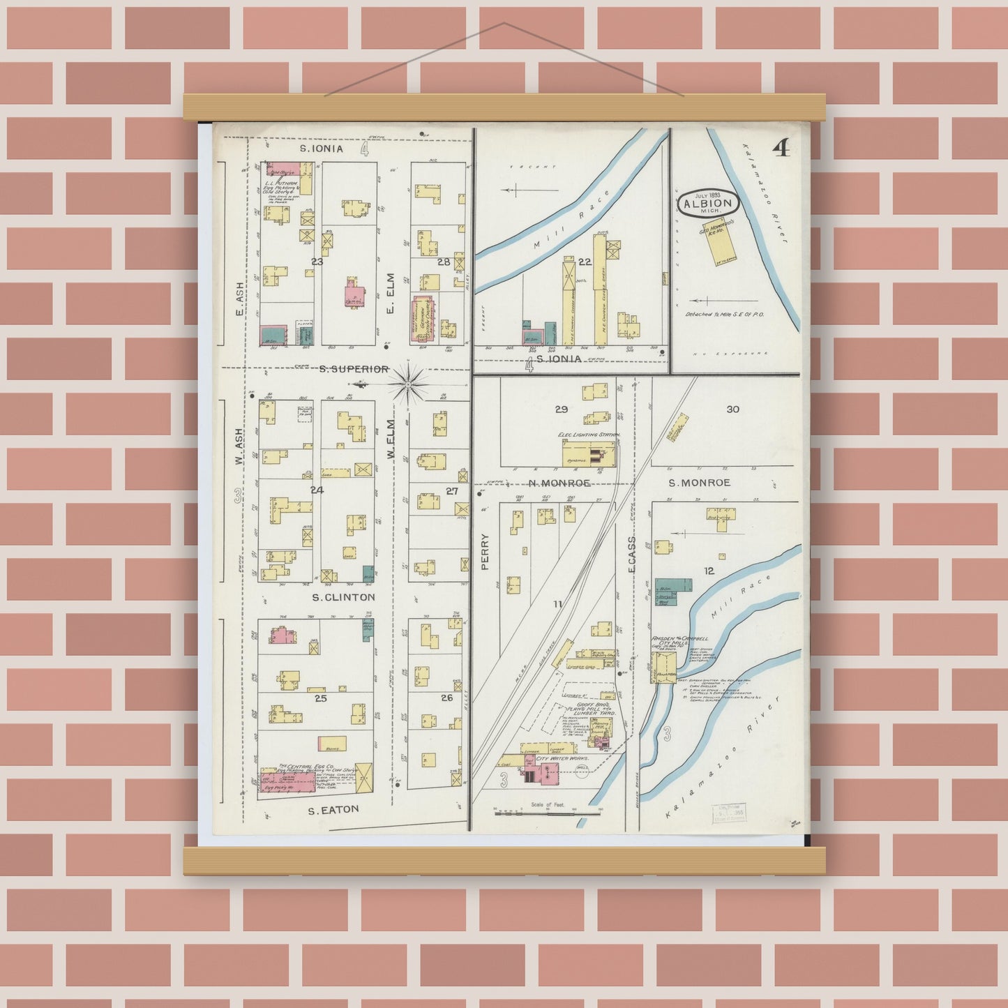 Old map wall art mockup — magnetic wood frame on brick wall — Sanborn Fire Insurance Map from Albion, Calhoun County, Michigan (1893), Sheet #0004