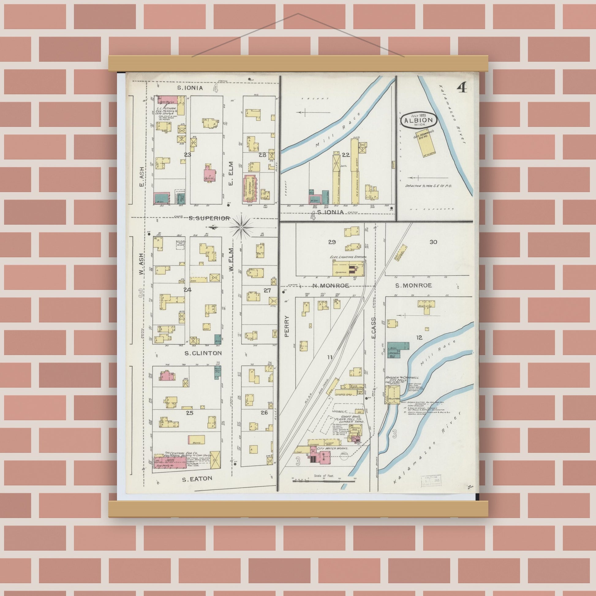 Old map wall art mockup — magnetic wood frame on brick wall — Sanborn Fire Insurance Map from Albion, Calhoun County, Michigan (1893), Sheet #0004