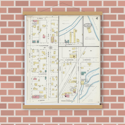 Old map wall art mockup — magnetic wood frame on brick wall — Sanborn Fire Insurance Map from Albion, Calhoun County, Michigan (1893), Sheet #0004