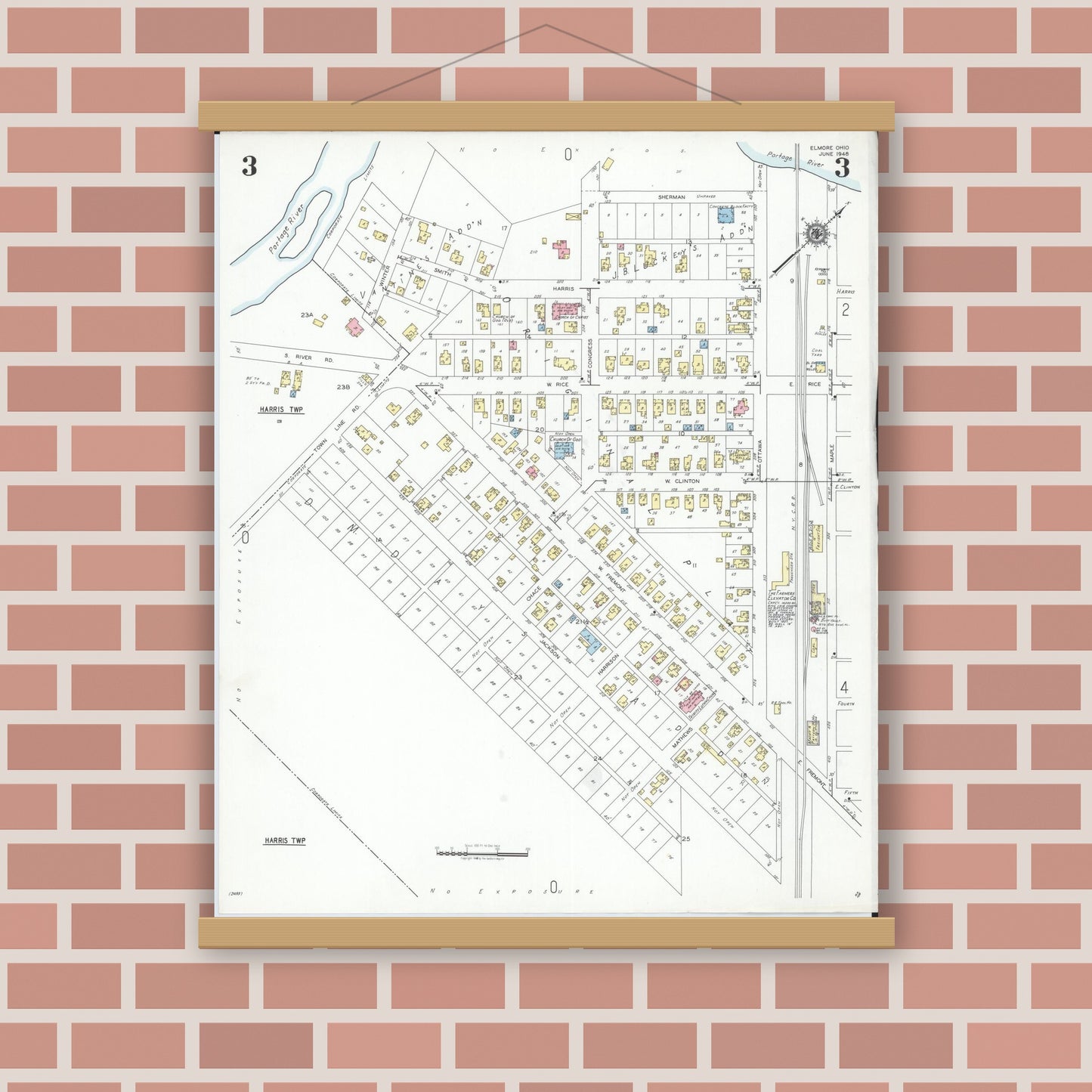 Old map wall art mockup — magnetic wood frame on brick wall — Sanborn Fire Insurance Map from Elmore, Ottawa County, Ohio (1948), Sheet #0003