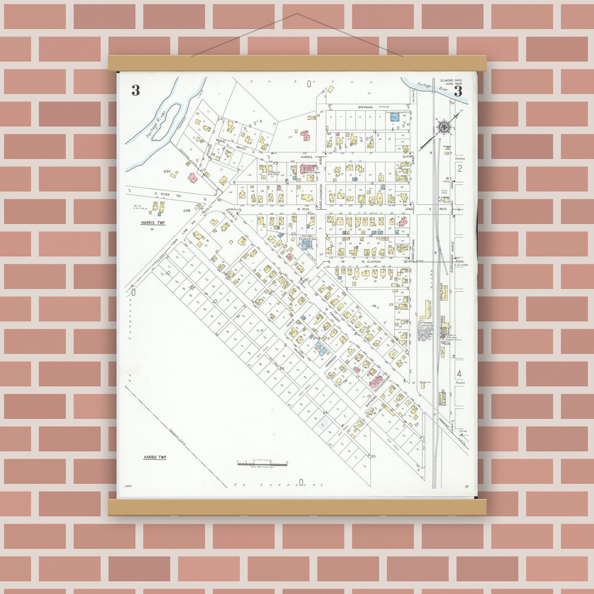 Old map wall art mockup — magnetic wood frame on brick wall — Sanborn Fire Insurance Map from Elmore, Ottawa County, Ohio (1948), Sheet #0003