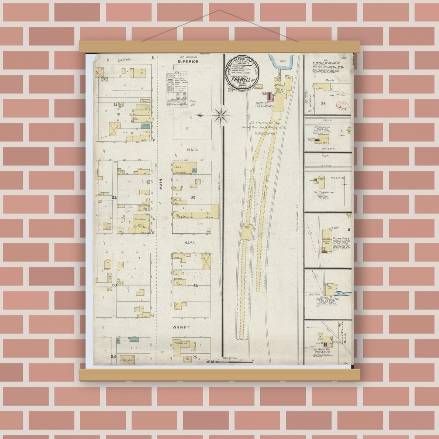 Old map wall art mockup — magnetic wood frame on brick wall — Sanborn Fire Insurance Map from Farwell, Clare County, Michigan (1894), Sheet #0001
