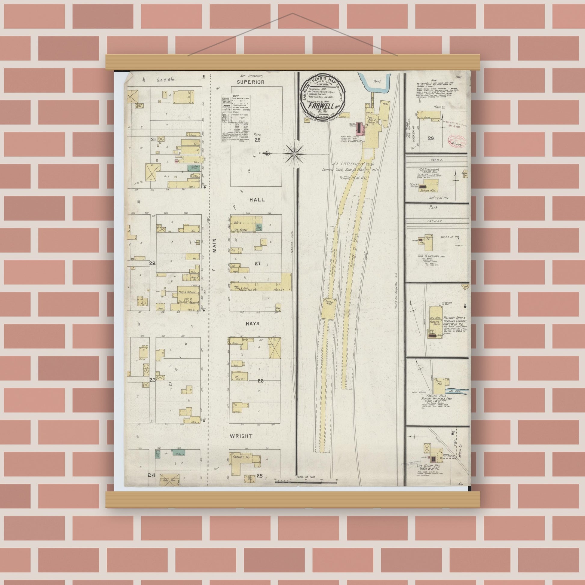 Old map wall art mockup — magnetic wood frame on brick wall — Sanborn Fire Insurance Map from Farwell, Clare County, Michigan (1894), Sheet #0001