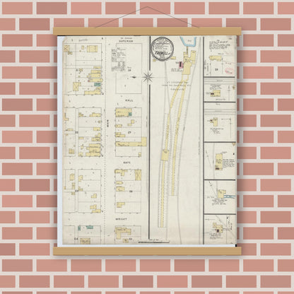 Old map wall art mockup — magnetic wood frame on brick wall — Sanborn Fire Insurance Map from Farwell, Clare County, Michigan (1894), Sheet #0001