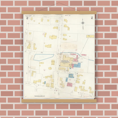 Old map wall art mockup — magnetic wood frame on brick wall — Sanborn Fire Insurance Map from Medfield, Norfolk County, Massachusetts (1943), Sheet #0002