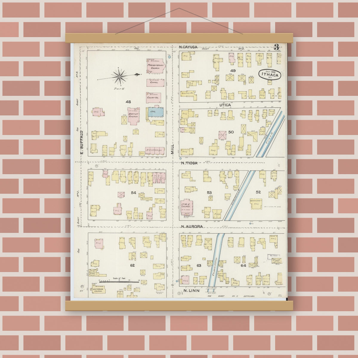 Old map wall art mockup — magnetic wood frame on brick wall — Sanborn Fire Insurance Map from Ithaca, Tompkins County, New York (1888), Sheet #0003