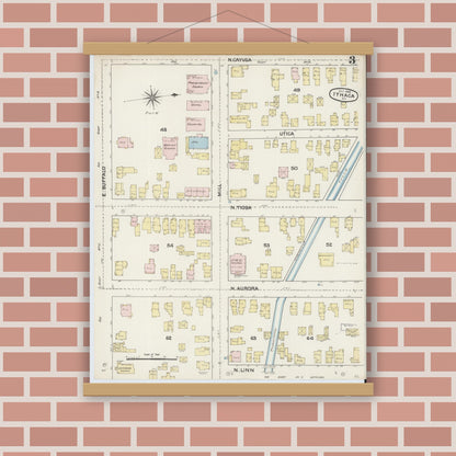 Old map wall art mockup — magnetic wood frame on brick wall — Sanborn Fire Insurance Map from Ithaca, Tompkins County, New York (1888), Sheet #0003