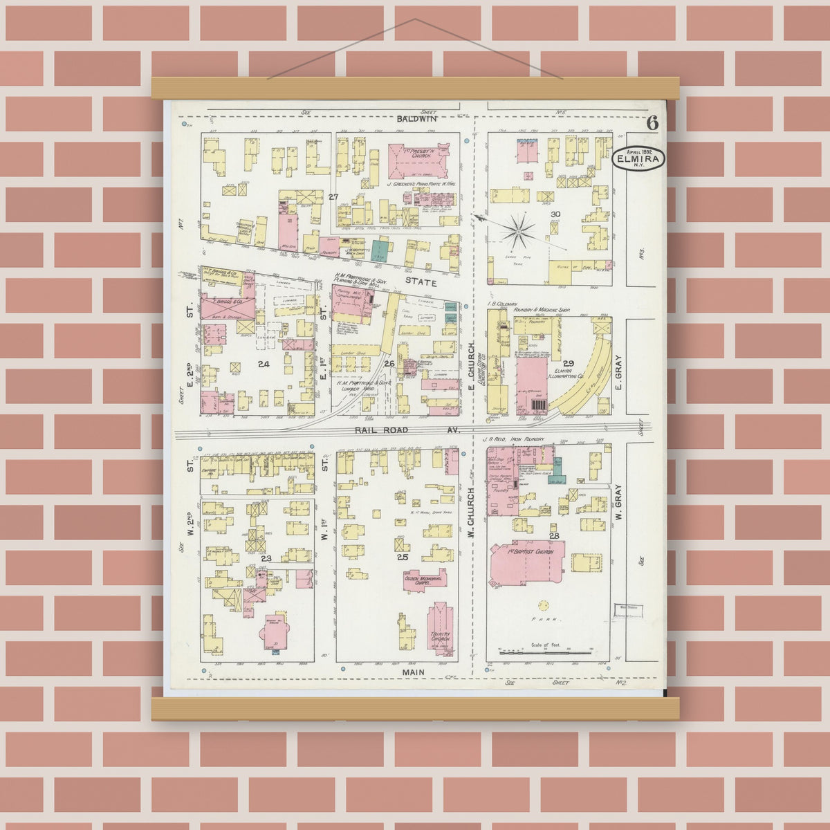 Old map wall art mockup — magnetic wood frame on brick wall — Sanborn Fire Insurance Map from Elmira, Chemung County, New York (1892), Sheet #0006