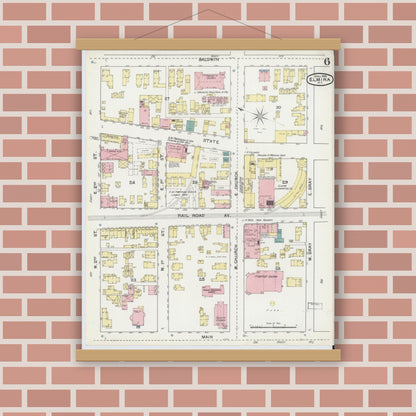 Old map wall art mockup — magnetic wood frame on brick wall — Sanborn Fire Insurance Map from Elmira, Chemung County, New York (1892), Sheet #0006