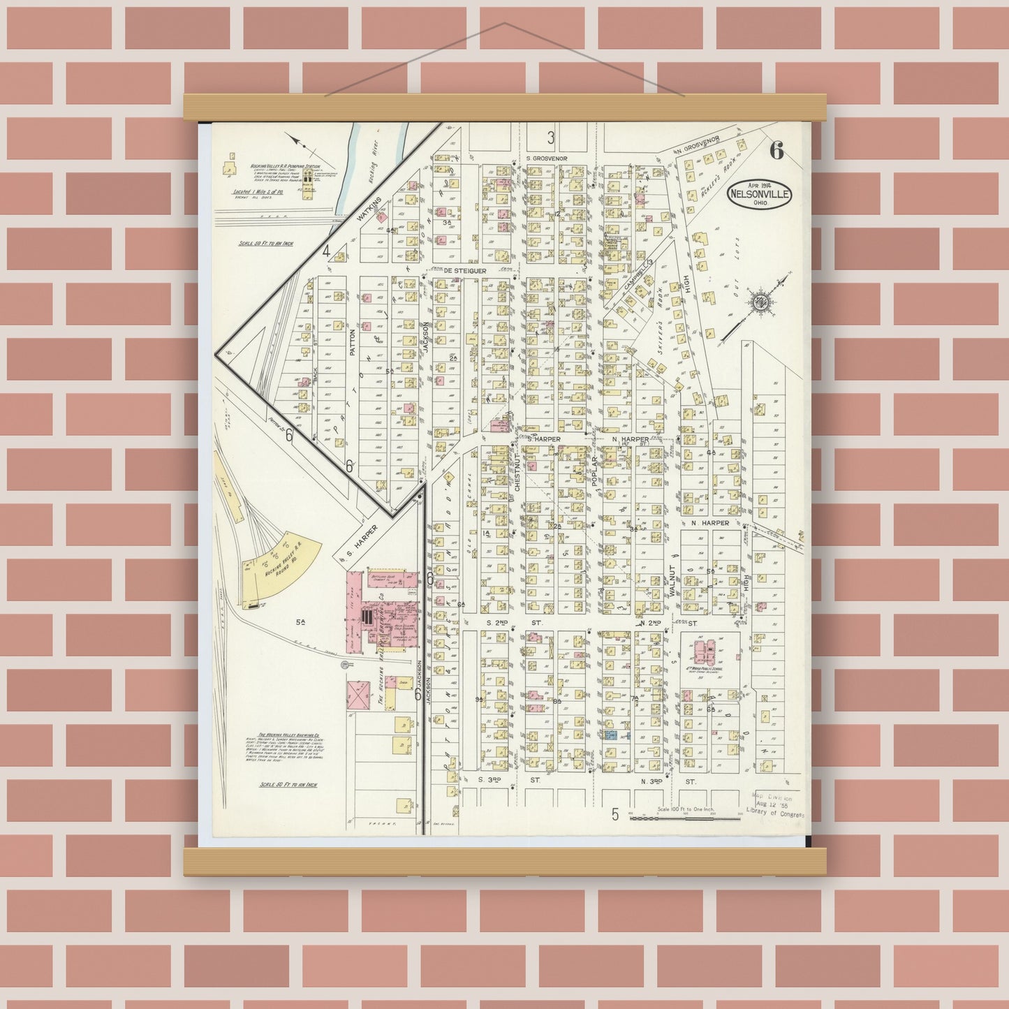 Old map wall art mockup — magnetic wood frame on brick wall — Sanborn Fire Insurance Map from Nelsonville, Athens County, Ohio (1914), Sheet #0006