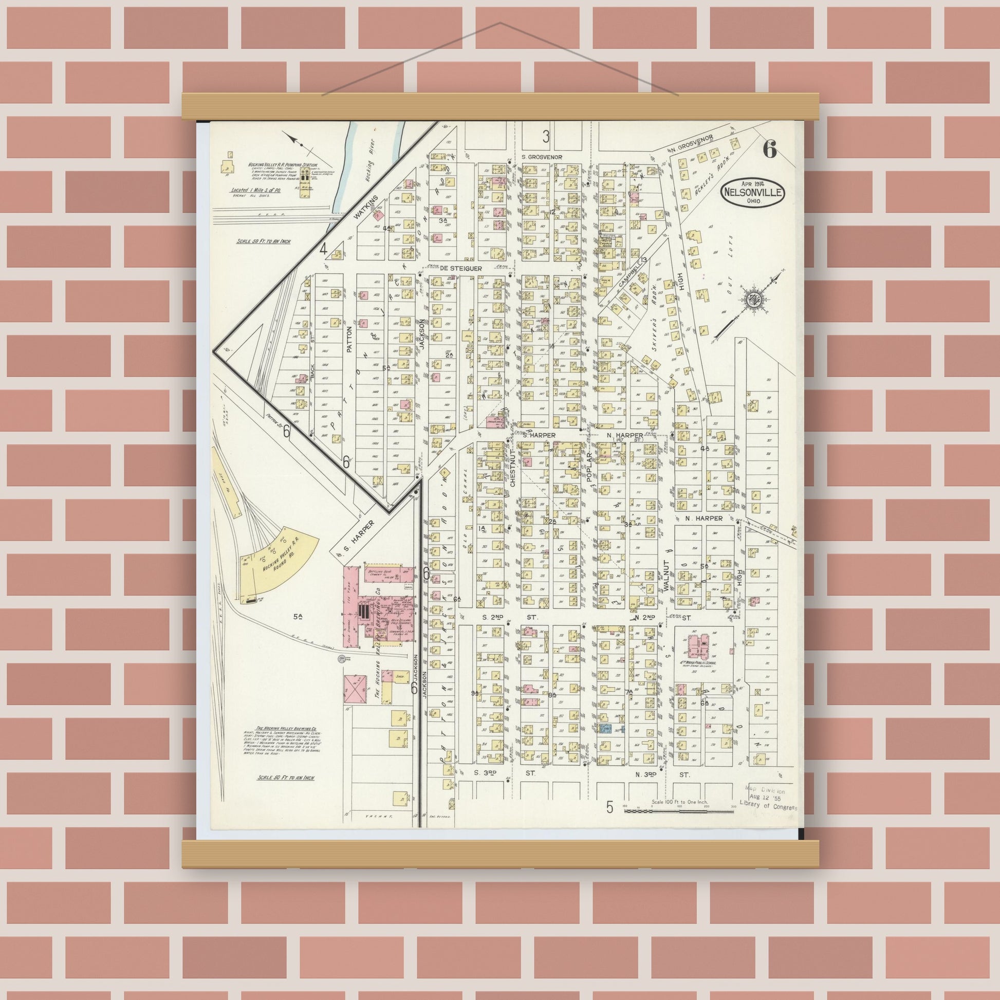 Old map wall art mockup — magnetic wood frame on brick wall — Sanborn Fire Insurance Map from Nelsonville, Athens County, Ohio (1914), Sheet #0006