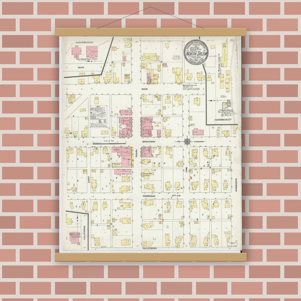 Old map wall art mockup — magnetic wood frame on brick wall — Sanborn Fire Insurance Map from North Salem, Hendricks County, Indiana (1910), Sheet #0001