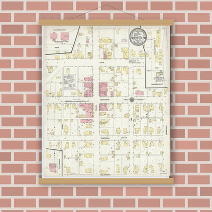Old map wall art mockup — magnetic wood frame on brick wall — Sanborn Fire Insurance Map from North Salem, Hendricks County, Indiana (1910), Sheet #0001