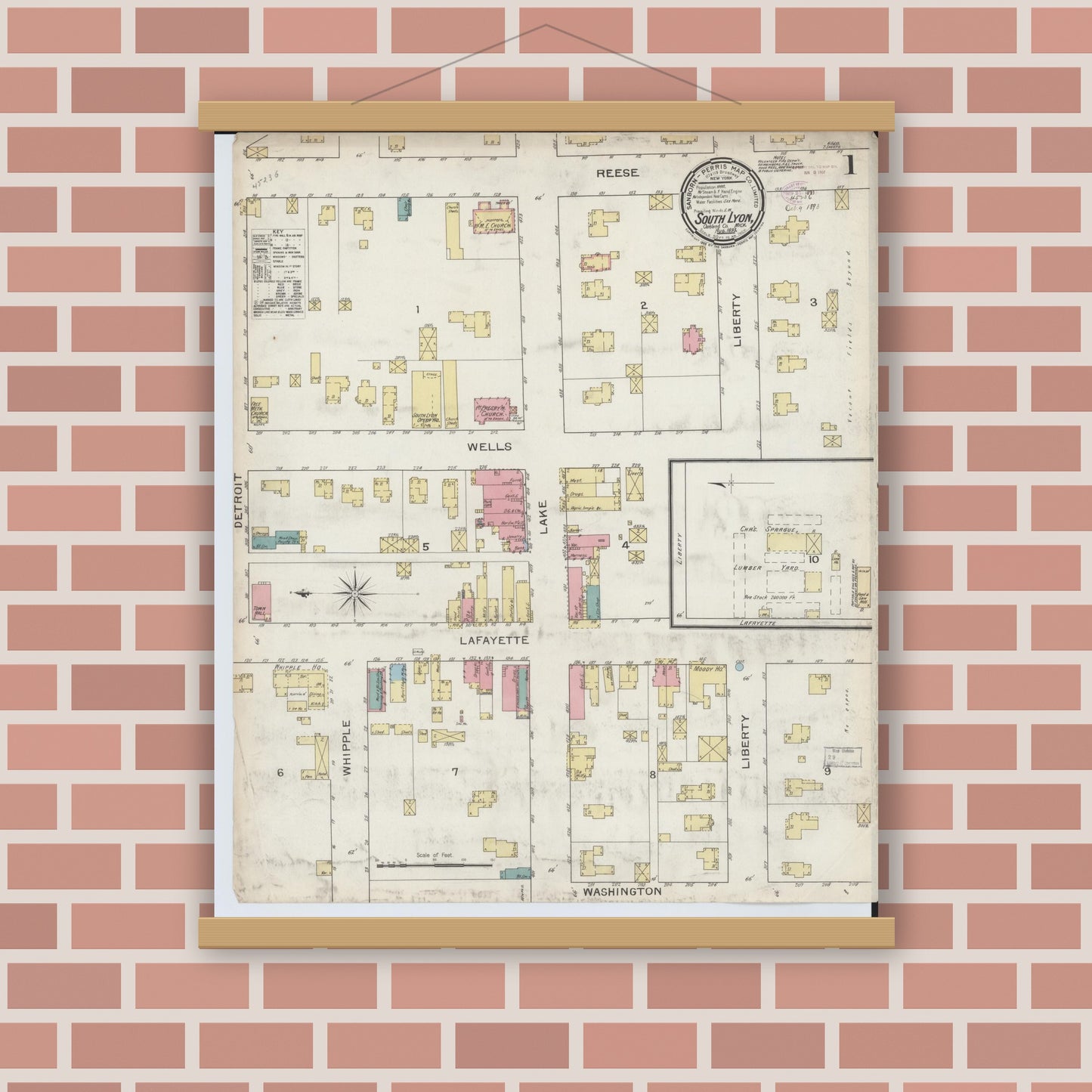 Old map wall art mockup — magnetic wood frame on brick wall — Sanborn Fire Insurance Map from South Lyon, Oakland County, Michigan (1893) - Complete Map Set