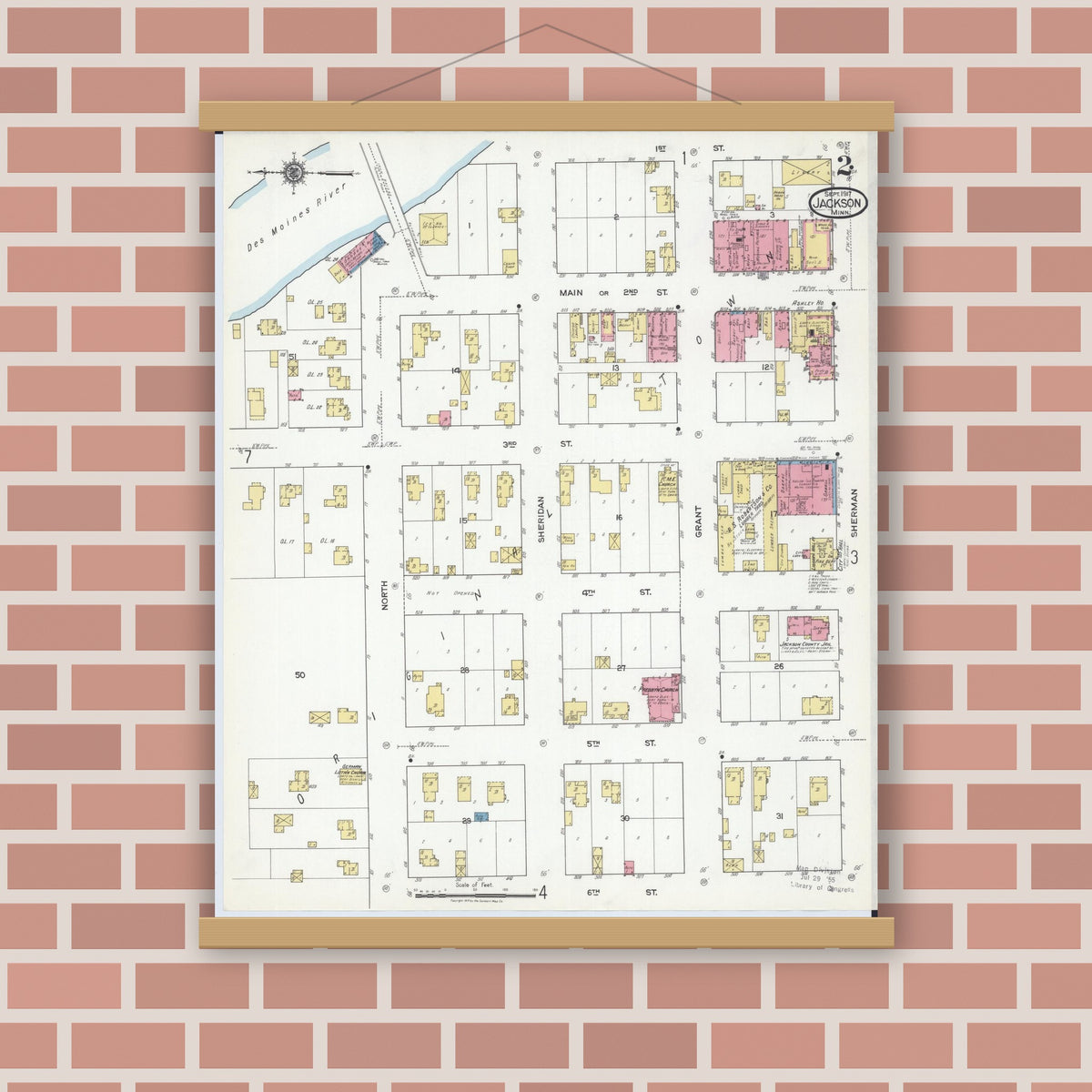 Old map wall art mockup — magnetic wood frame on brick wall — Sanborn Fire Insurance Map from Jackson, Jackson County, Minnesota (1917), Sheet #0002