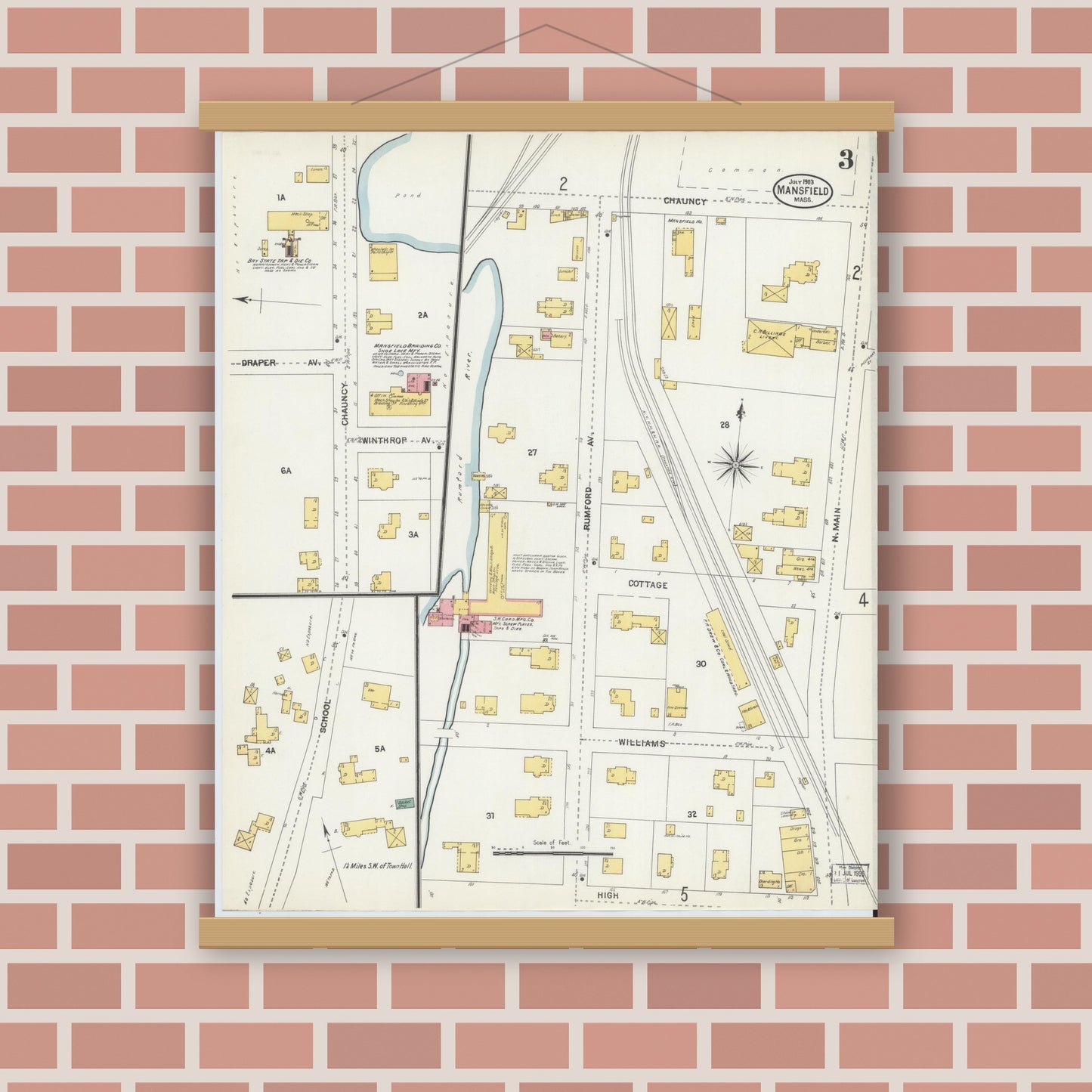 Old map wall art mockup — magnetic wood frame on brick wall — Sanborn Fire Insurance Map from Mansfield, Bristol County, Massachusetts (1903), Sheet #0003