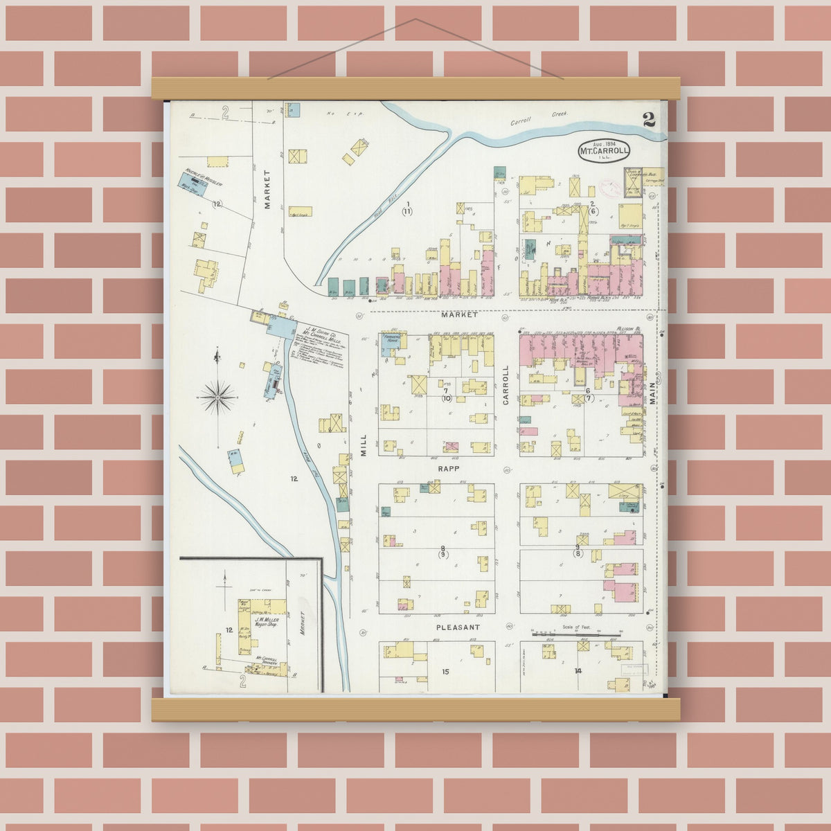 Old map wall art mockup — magnetic wood frame on brick wall — Sanborn Fire Insurance Map from Mount Carroll, Carroll County, Illinois (1894), Sheet #0002