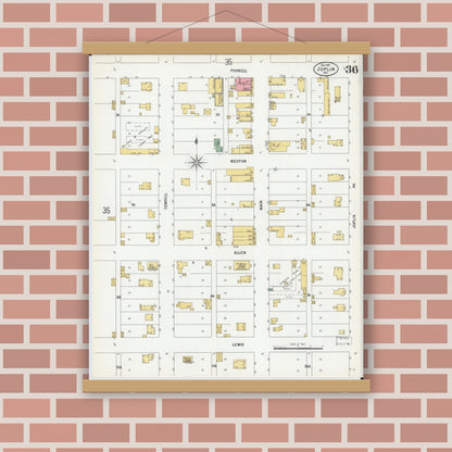 Old map wall art mockup — magnetic wood frame on brick wall — Sanborn Fire Insurance Map from Joplin, Jasper County, Missouri (1900), Sheet #0036