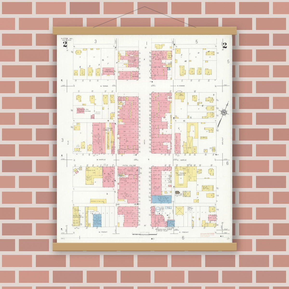 Old map wall art mockup — magnetic wood frame on brick wall — Sanborn Fire Insurance Map from Slater, Saline County, Missouri (1933), Sheet #0002