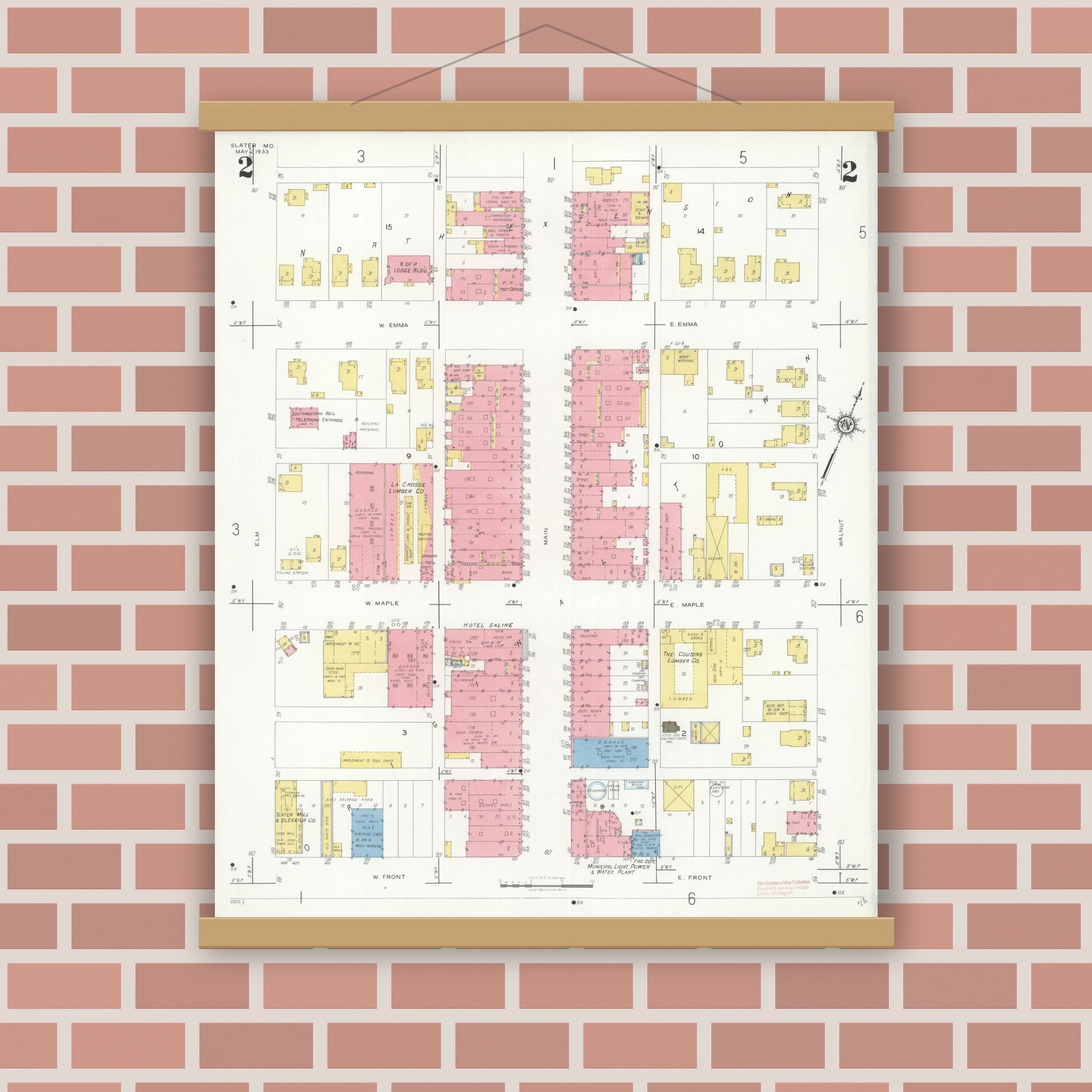 Old map wall art mockup — magnetic wood frame on brick wall — Sanborn Fire Insurance Map from Slater, Saline County, Missouri (1933), Sheet #0002
