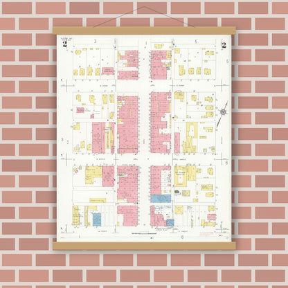 Old map wall art mockup — magnetic wood frame on brick wall — Sanborn Fire Insurance Map from Slater, Saline County, Missouri (1933), Sheet #0002