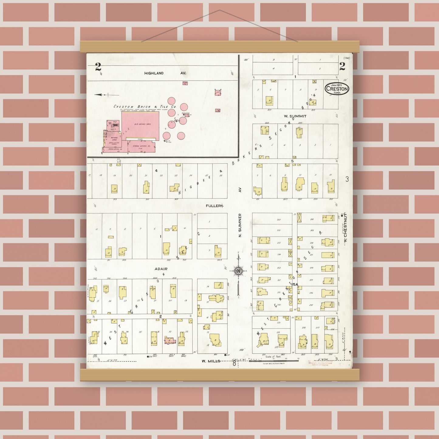 Old map wall art mockup — magnetic wood frame on brick wall — Sanborn Fire Insurance Map from Creston, Union County, Iowa (1923), Sheet #0002