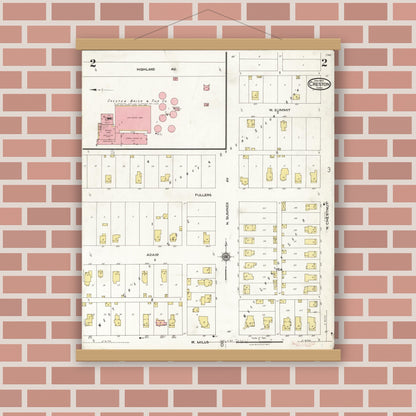 Old map wall art mockup — magnetic wood frame on brick wall — Sanborn Fire Insurance Map from Creston, Union County, Iowa (1923), Sheet #0002