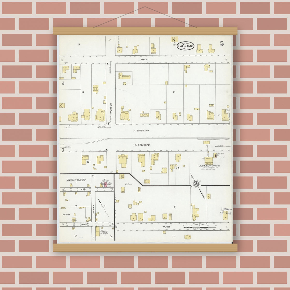 Old map wall art mockup — magnetic wood frame on brick wall — Sanborn Fire Insurance Map from La Grange, Lenoir County, North Carolina (1919), Sheet #0005