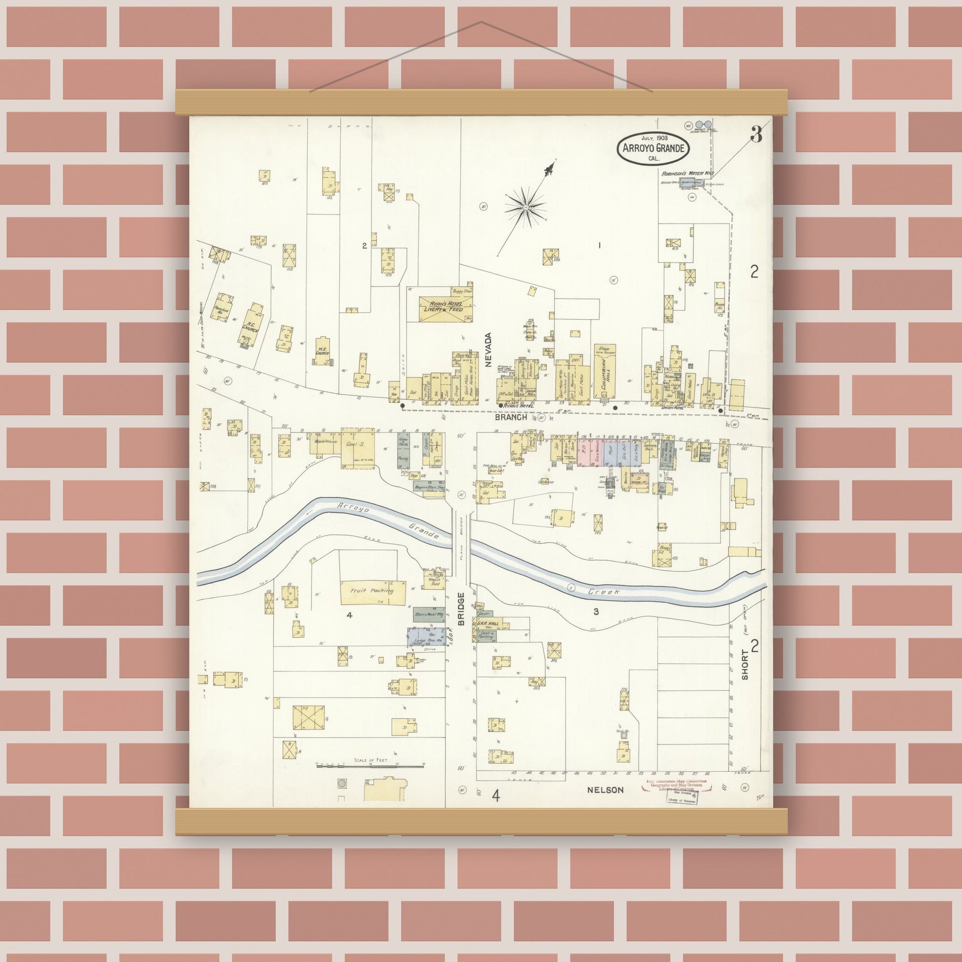 Old map wall art mockup — magnetic wood frame on brick wall — Sanborn Fire Insurance Map from Arroyo Grande, San Luis Obispo County, California (1903), Sheet #0003