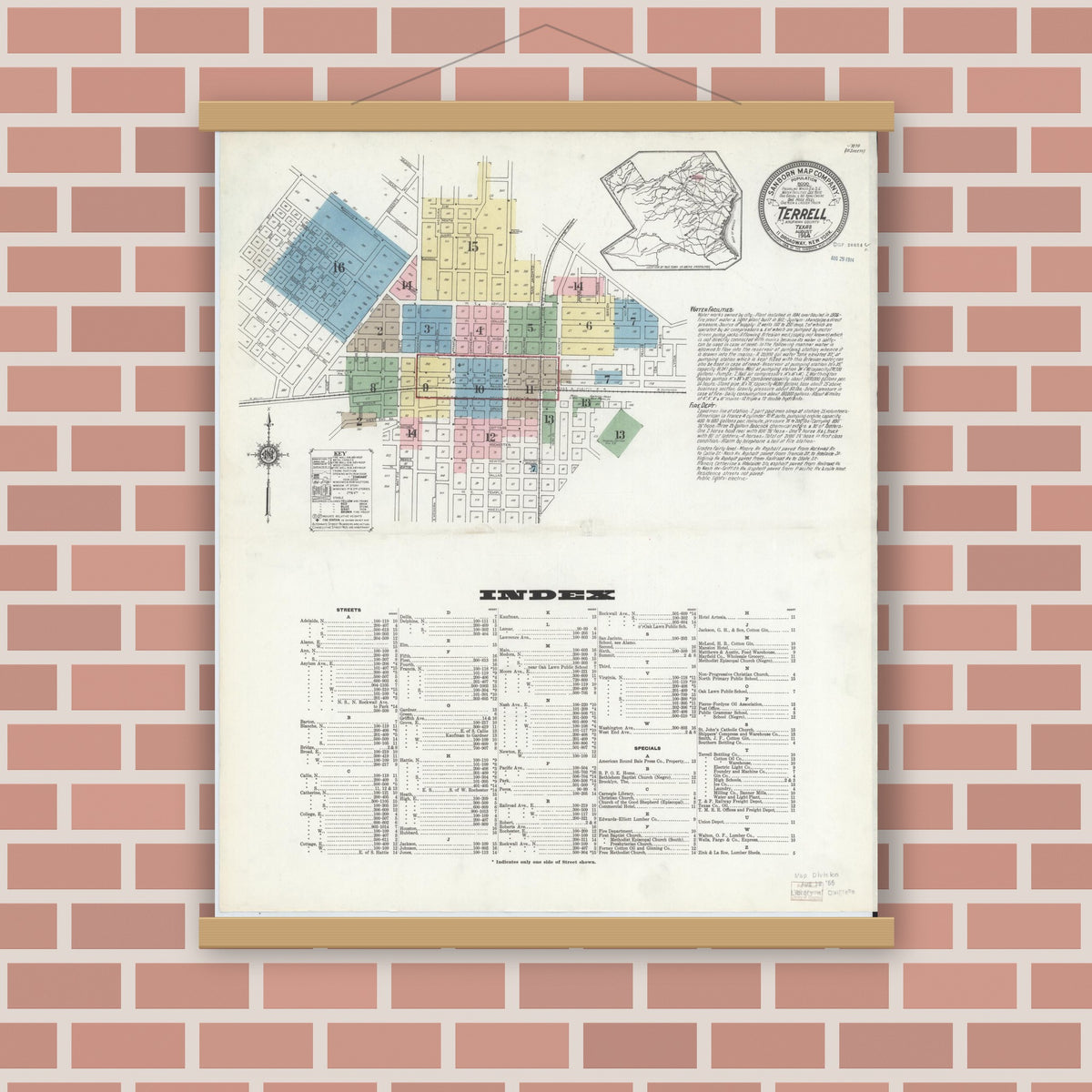 Old map wall art mockup — magnetic wood frame on brick wall — Sanborn Fire Insurance Map from Terrell, Kaufman County, Texas (1914) - Complete Map Set