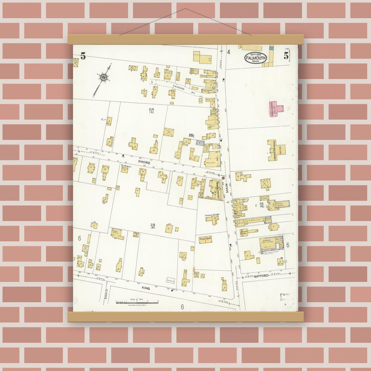 Old map wall art mockup — magnetic wood frame on brick wall — Sanborn Fire Insurance Map from Falmouth, Barnstable County, Massachusetts (1923), Sheet #0005