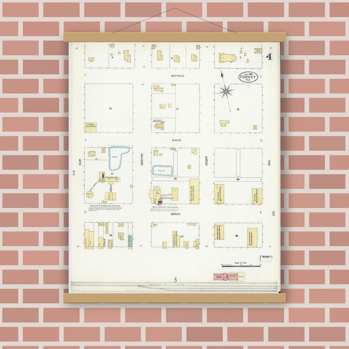 Old map wall art mockup — magnetic wood frame on brick wall — Sanborn Fire Insurance Map from Forney, Kaufman County, Texas (1906), Sheet #0004
