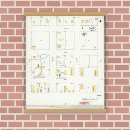 Old map wall art mockup — magnetic wood frame on brick wall — Sanborn Fire Insurance Map from Forney, Kaufman County, Texas (1906), Sheet #0004