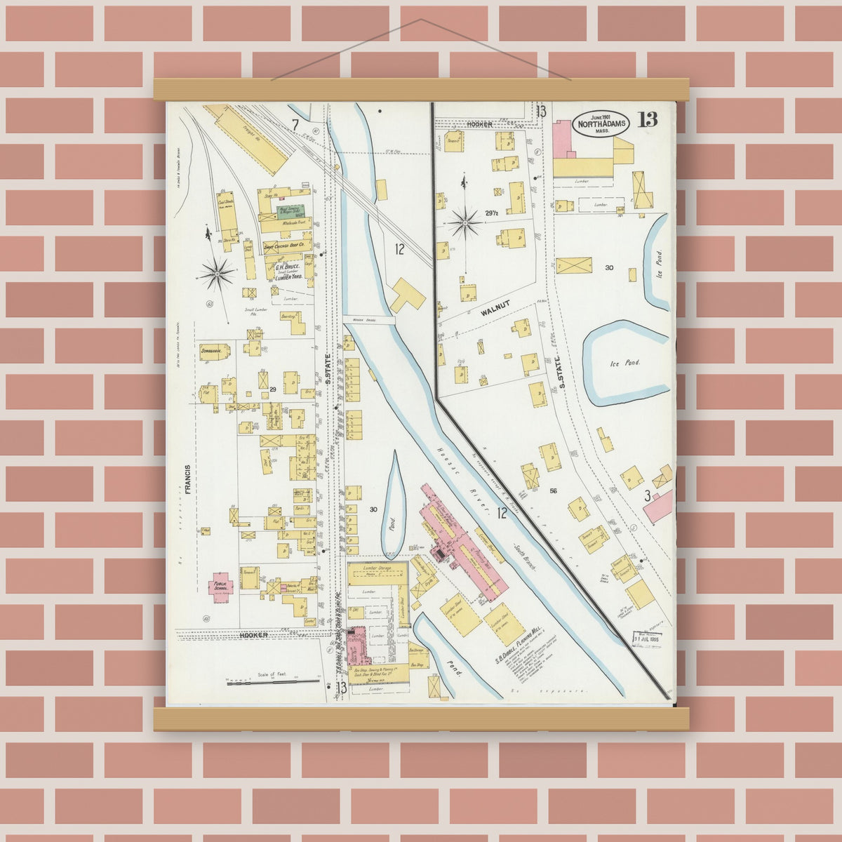 Old map wall art mockup — magnetic wood frame on brick wall — Sanborn Fire Insurance Map from North Adams, Berkshire County, Massachusetts (1901), Sheet #0013