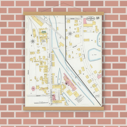 Old map wall art mockup — magnetic wood frame on brick wall — Sanborn Fire Insurance Map from North Adams, Berkshire County, Massachusetts (1901), Sheet #0013