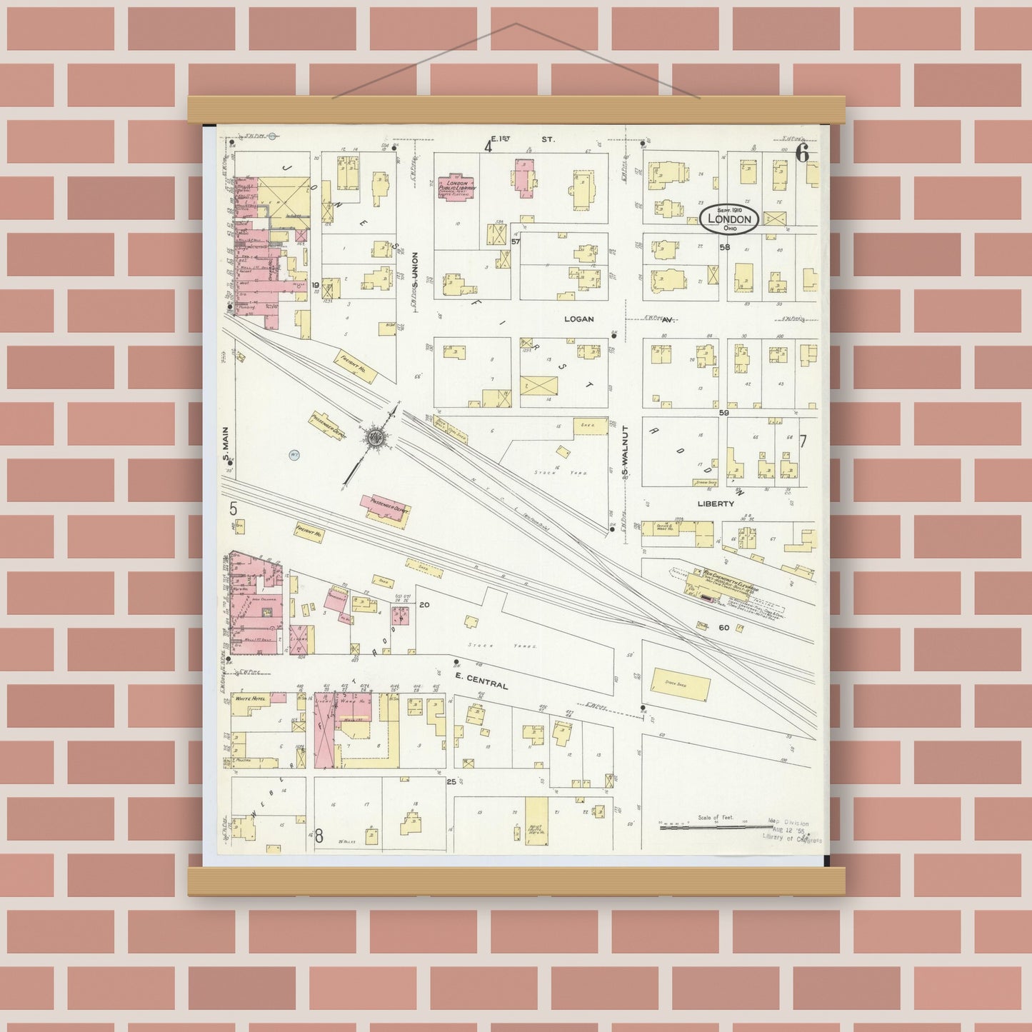 Old map wall art mockup — magnetic wood frame on brick wall — Sanborn Fire Insurance Map from London, Madison County, Ohio (1910), Sheet #0006