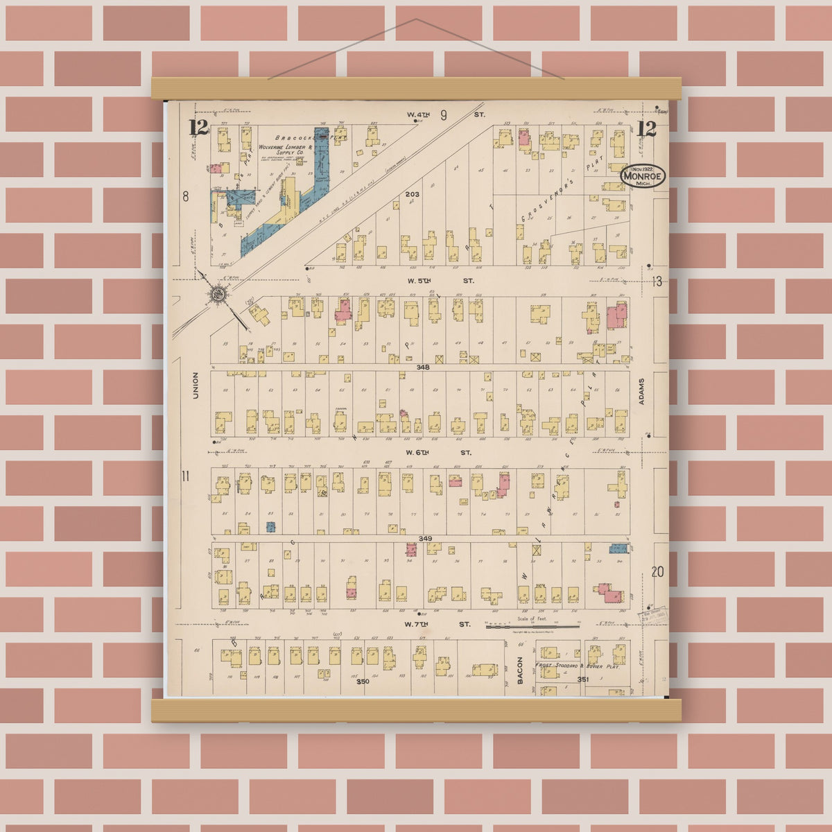 Old map wall art mockup — magnetic wood frame on brick wall — Sanborn Fire Insurance Map from Monroe, Monroe County, Michigan (1922), Sheet #0012