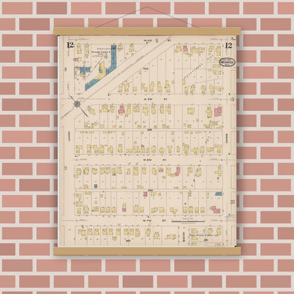 Old map wall art mockup — magnetic wood frame on brick wall — Sanborn Fire Insurance Map from Monroe, Monroe County, Michigan (1922), Sheet #0012